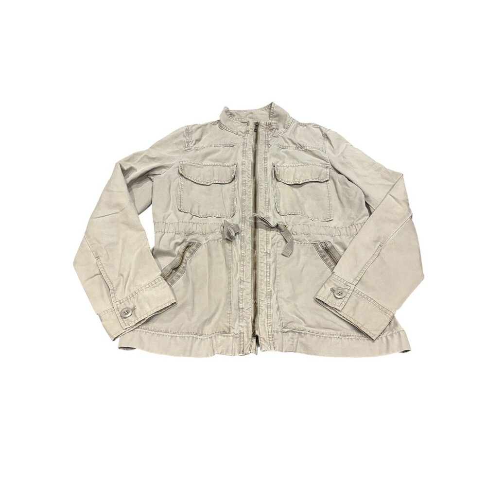 J Crew gray medium Cotton Zip Up Cargo Jacket, Tie Waist Kahki military Y2K